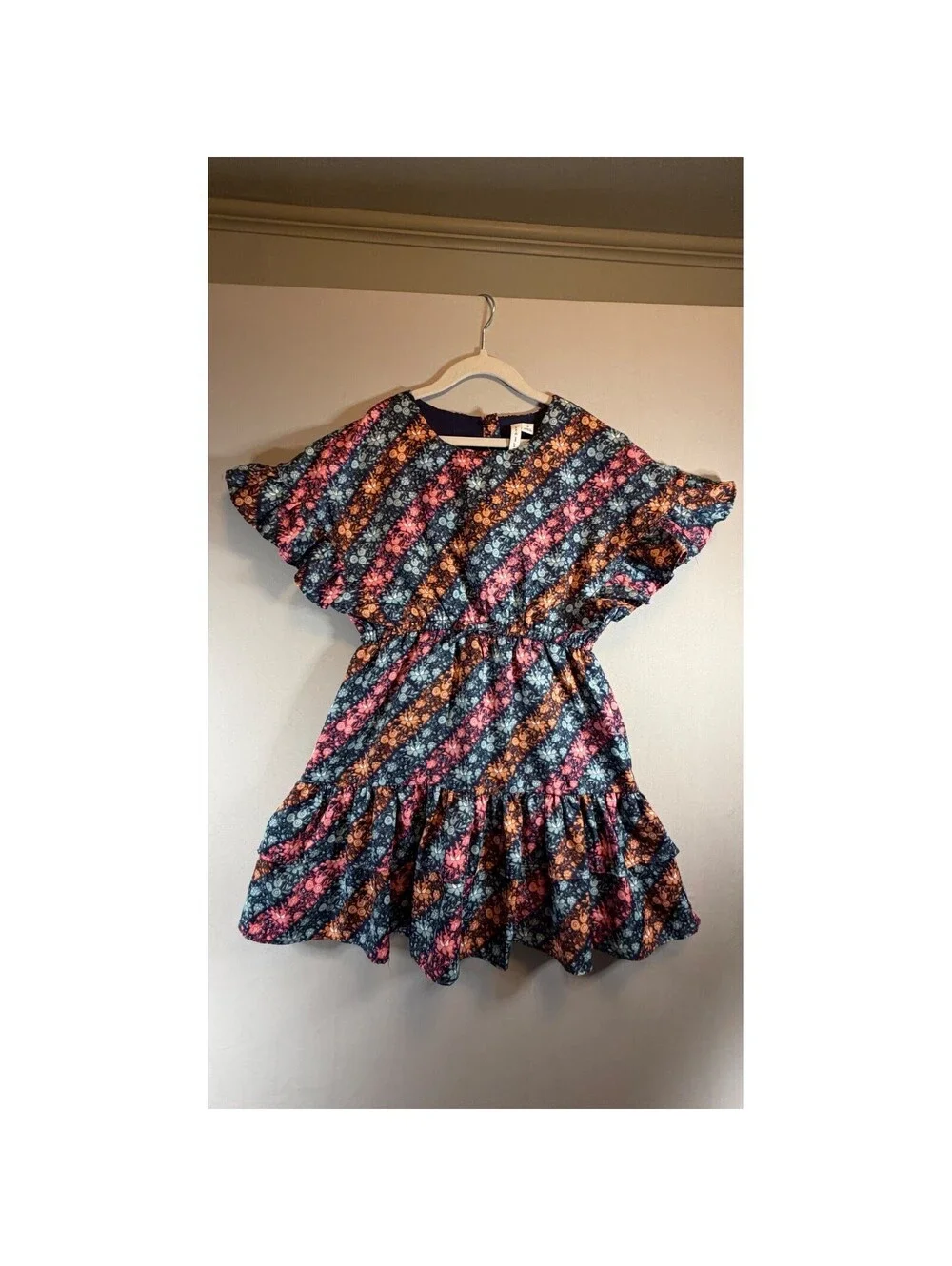 Janie and Jack Girls Floral Stripe Flutter Sleeve Ruffle Dress Navy Blue Size 10
